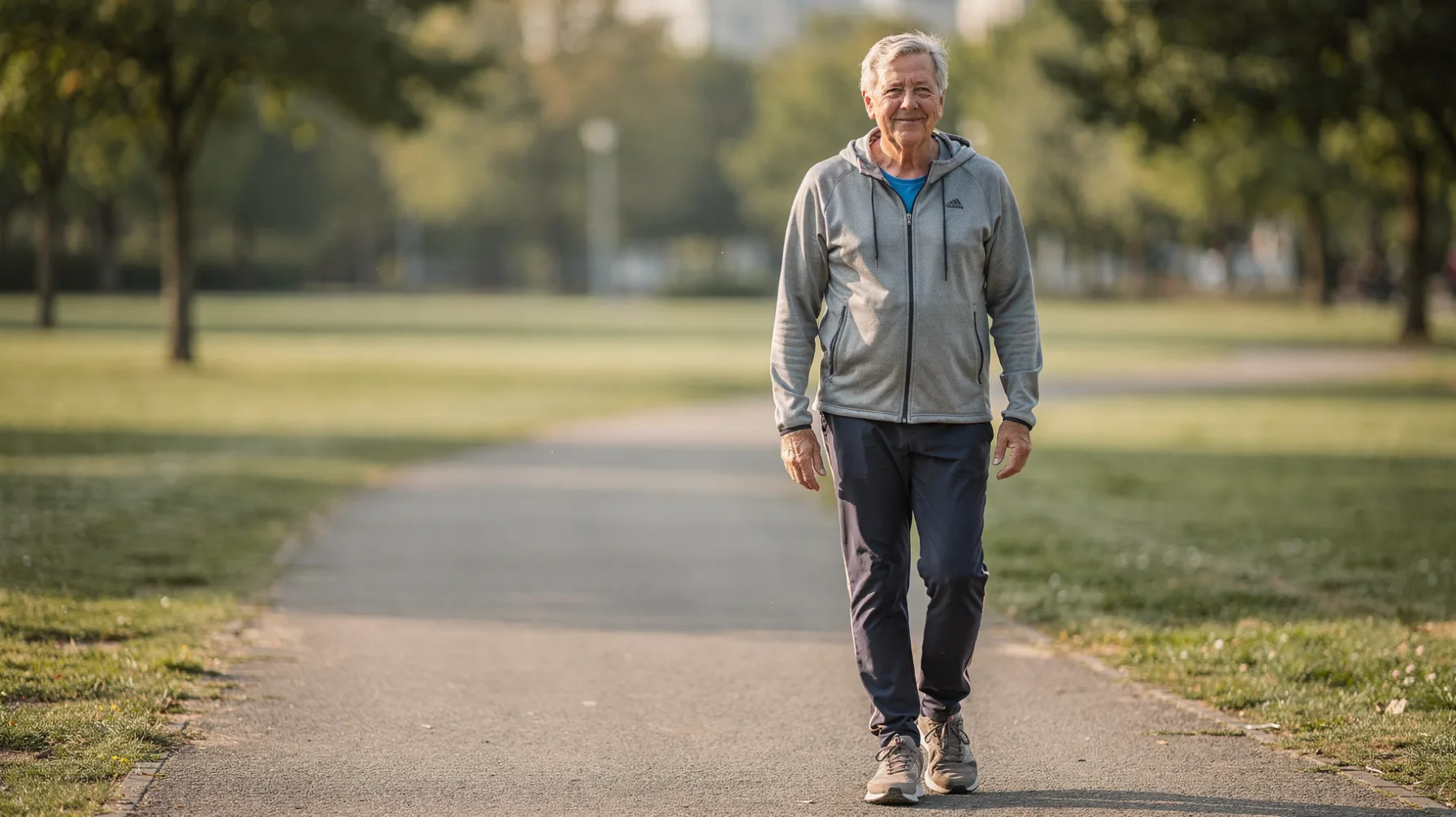 An adult approximately 45 to 55 years old finishing an unhurried walk and settling into a relaxed standing posture